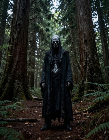 Scary witch standing in the forest. Halloween. Horror film.