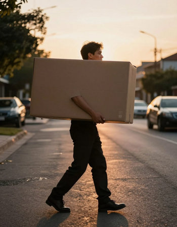 Young man carrying a cardboard box on his back while walking on the street