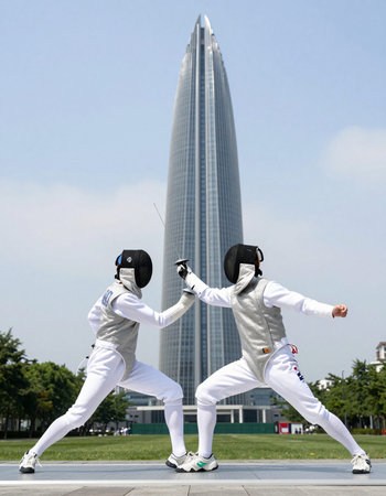 Two young men wearing fencing costume in front of a modern skyscraper