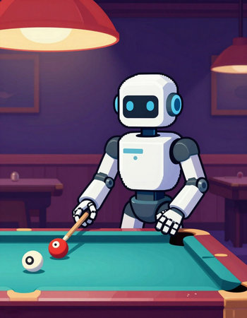 Robot playing billiards. Vector illustration in cartoon style.