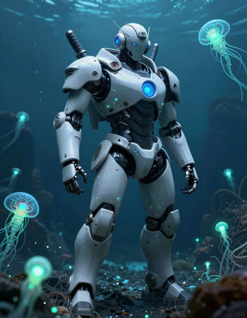 3D rendering of a female robot in the deep blue ocean.