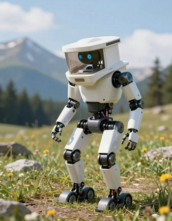 Robot on a meadow with dandelions and mountains in the background