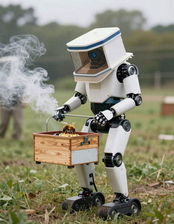 A robot with a wooden box in his hand is emitting smoke.の写真素材