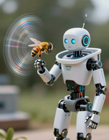Robot playing with a bee. Conceptual image of artificial intelligence.の写真素材