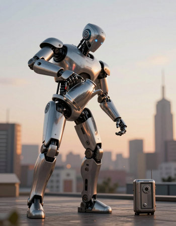 Robot on the roof of a building with the city in the backgroundの写真素材