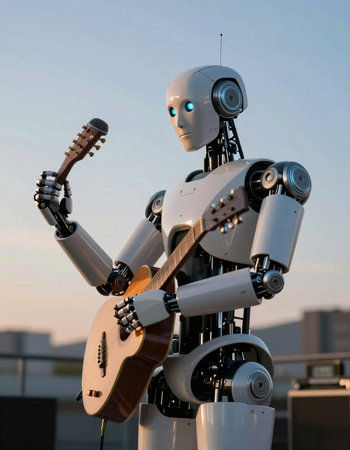 Artificial intelligence robot playing guitar on a roof of a building.