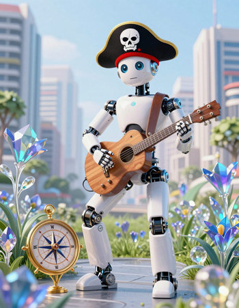 3D rendering of a robot playing the guitar in the park.の写真素材