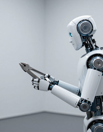 3d rendering robot hand holding pliers in empty room with copy space