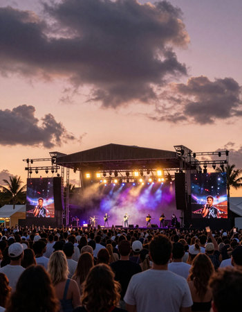 A band is performing on stage in front of a large crowd at a concert.