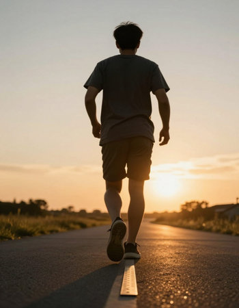 young fitness man running on sunrise seaside trail in healthy lifestyle concept