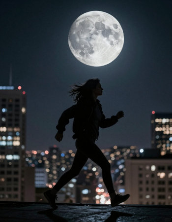 Young woman running in the city at night with full moon in the background