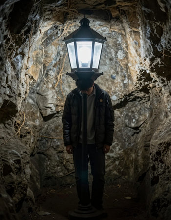Portrait of a man with a lantern in a dark underground cave