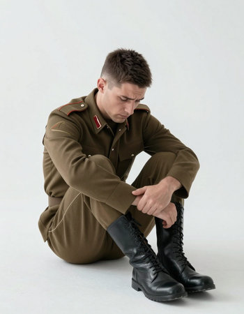 young man dressed in Soviet WW2 military uniform sitting on the floor