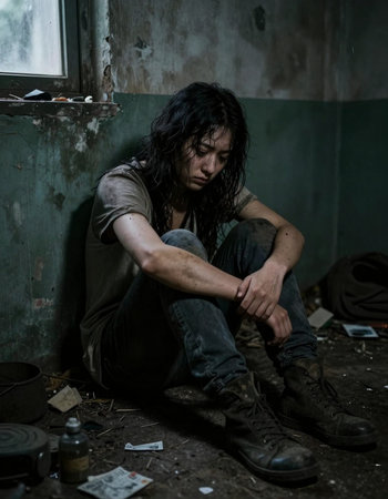 Person sitting on the floor in the abandoned building, dramatic lighting