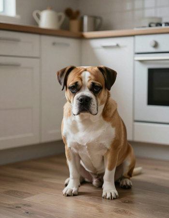 Portrait of a dog sitting on the floor in the kitchen