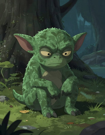 cartoon scene with green monster in the jungle - illustration for children