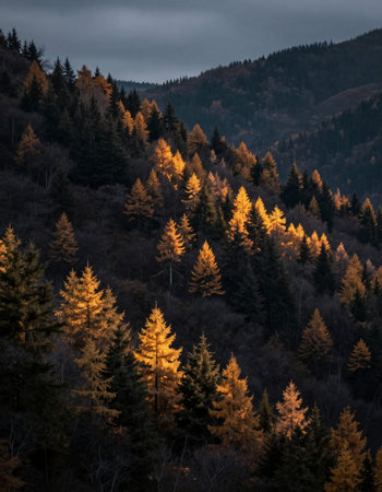 Autumn in the mountains with yellow larch trees in the foreground