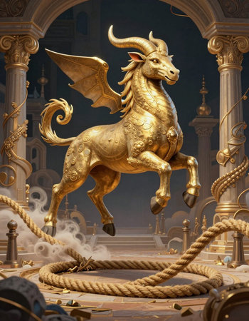 3D rendering of a fantasy golden horse.の写真素材