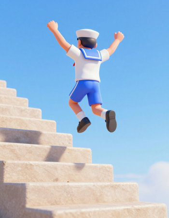 Miniature people : Sailor in uniform jumping up the stairs over blue sky backgroundの写真素材