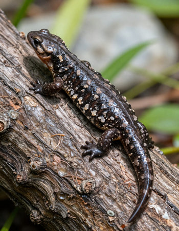 Close-up of a salamander on a tree trunk.の写真素材