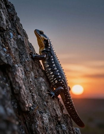 Lizard on a tree at sunsetの写真素材