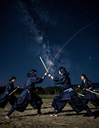 People practicing martial arts in the field at night with starry sky
