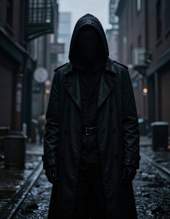 Hooded man in a black coat and hoodie standing on the streetの写真素材