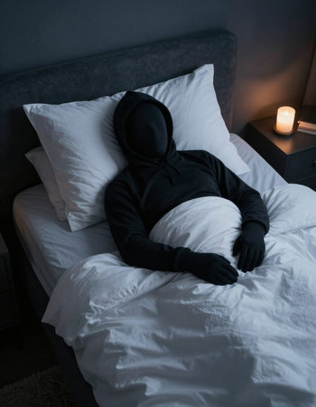 Man in black hoodie and gloves lying on the bed at nightの写真素材