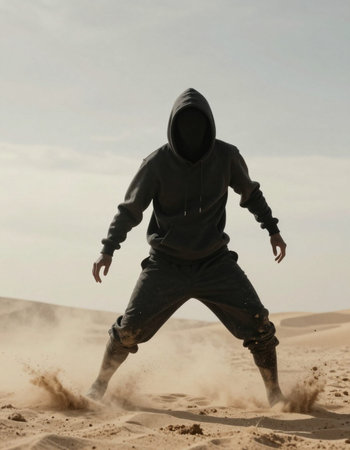 Handsome man running in the desert, wearing black clothes.の写真素材