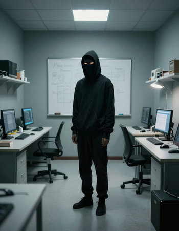 Hooded man in a black hoodie standing in an officeの写真素材