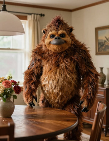 Funny animal in the interior of the house. The bear stands at the table.