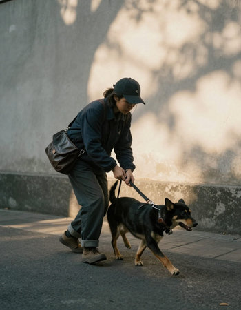 Unidentified man walking his dog in the street.の写真素材