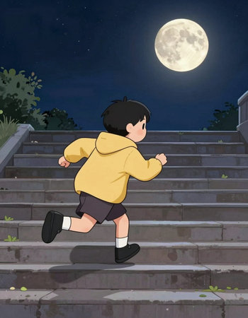 Illustration of a boy running up the stairs at night with full moon