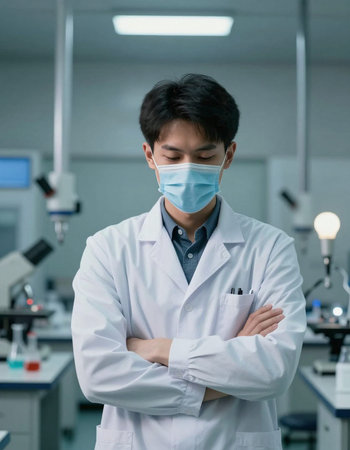 asian male scientist in lab coat and face mask looking at camera