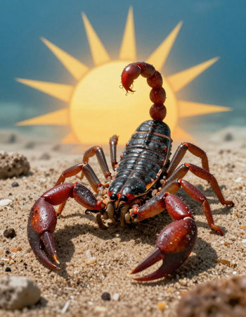 Scorpion on the beach with sun in the background, South Africa