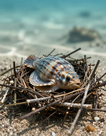 Fish in the nest on the seashore. Selective focus.
