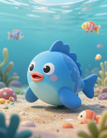 Cute blue fish in the sea. 3d render illustration.