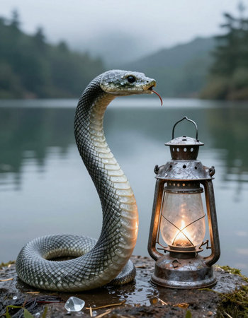 Close up of a snake with a lamp on a rock near a lakeの写真素材