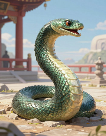 Emerald snake statue in Chinese temple, closeup of photo.