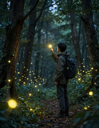 Young man with backpack and flashlight in the forest at night time.