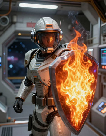 Astronaut in the space suit with a shield in his handsの写真素材