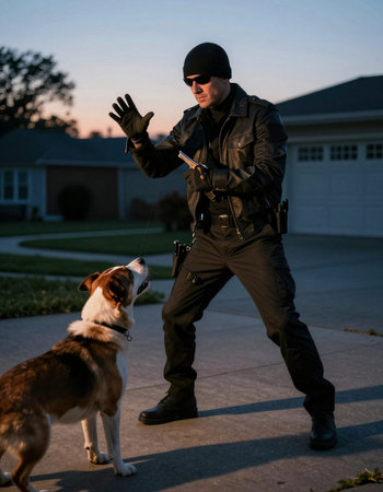 Security guard training a dog on the street at sunset. The dog guards the house.