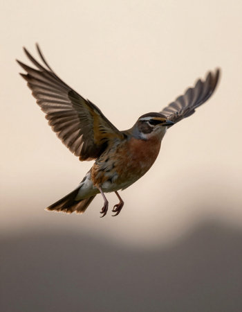 Rufous-breasted bunting, Saxicola rubecula, single bird in flight, Warwickshireの写真素材