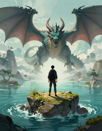 Fantasy landscape with a man standing on a rock and looking at the dragonの写真素材