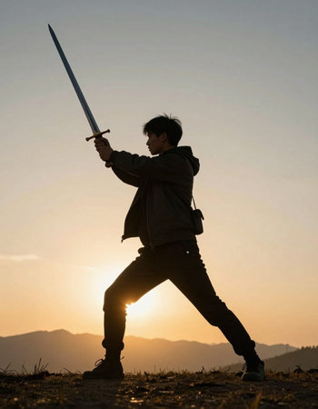 Man with sword at sunset. Silhouette of asian manの写真素材