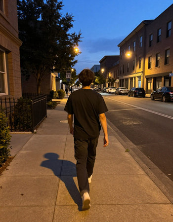 A young man walking down a street in the evening.  He is wearing a black t-shirt and jeans.