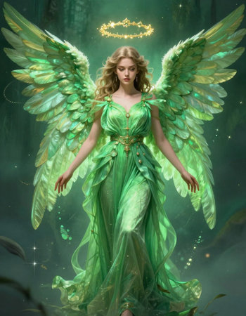 Angel girl in green dress with golden wings. Fairy tale. Fantasy.の写真素材