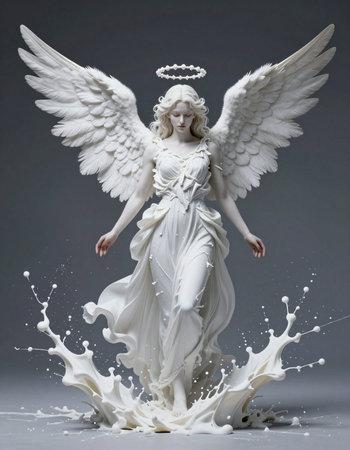 Angel statue with splashes of milk on gray background. Studio shot.の写真素材