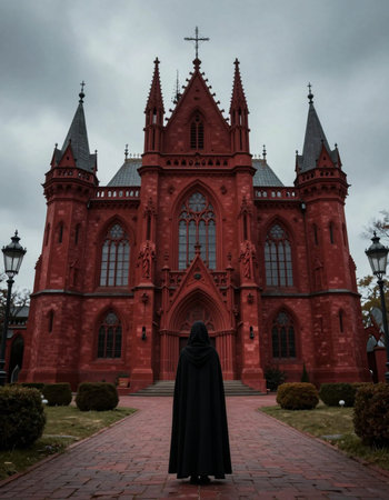 A woman in a black cloak stands in front of a church.の写真素材
