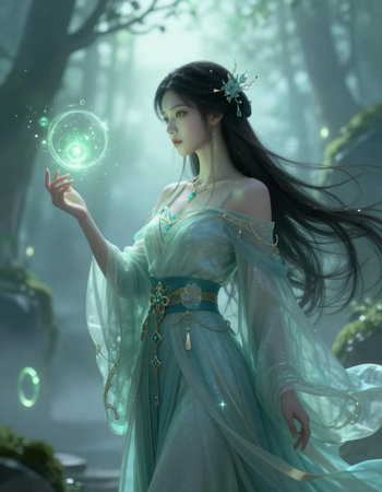 3D rendering of a beautiful fairy tale girl in a fantasy forestの写真素材